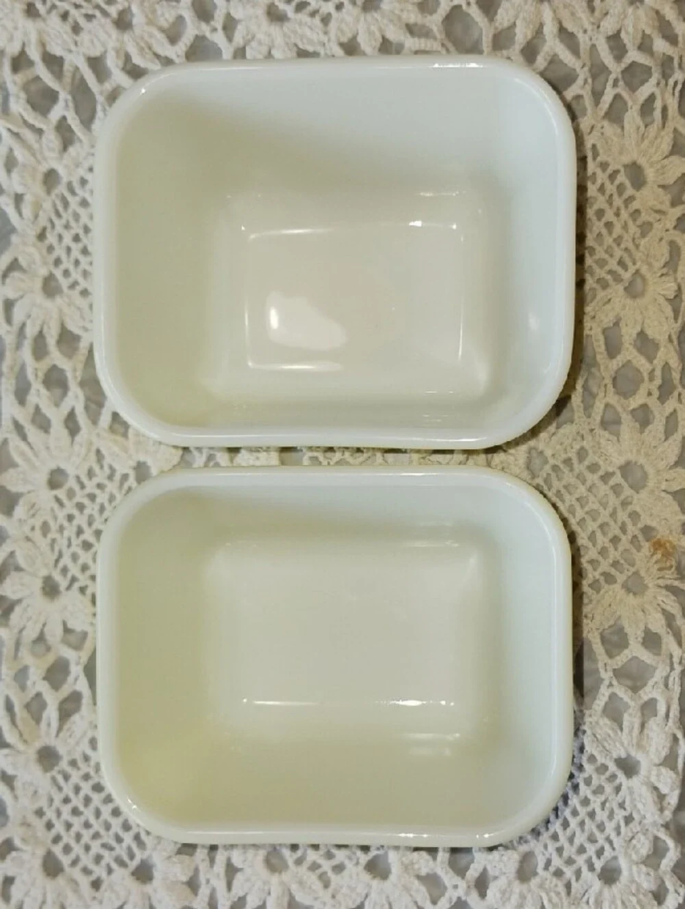 Pyrex~2 Yellow & White Milk Glass Refrigerator Dishes - no lids